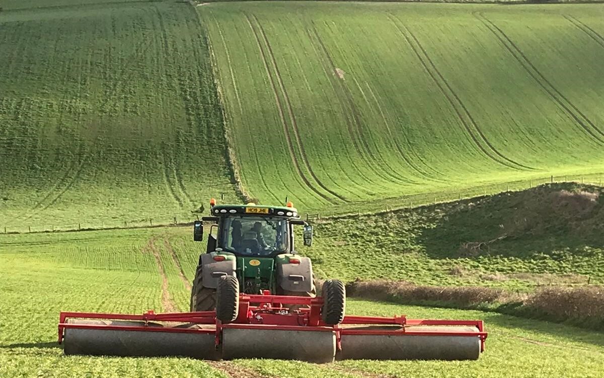 A farmer uses a towed roller to roll spring barley, in Lulworth, Dorset.